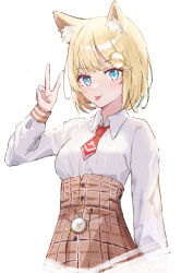 Rule 34 | 1girl, :p, animal ears, blonde hair, blue eyes, bob cut, cat ears, collared shirt, commentary, hair ornament, high-waist skirt, highres, hiragi 1014, hololive, hololive english, looking at viewer, necktie, plaid, plaid skirt, pocket watch, red necktie, shirt, short hair, short necktie, simple background, skirt, solo, standing, tongue, tongue out, translated, v, virtual youtuber, watch, watson amelia, white background, white shirt