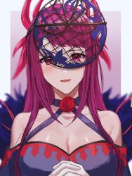 Rule 34 | 1girl, bare shoulders, blush, breasts, cleavage, dress, fascinator, female focus, fire emblem, fire emblem engage, flower, gloves, hair ornament, highres, ivy (fire emblem), large breasts, long hair, looking at viewer, matching hair/eyes, mole, mole under mouth, nintendo, open mouth, purple eyes, purple hair, rose, smile, solo, tomo shirasu, white gloves
