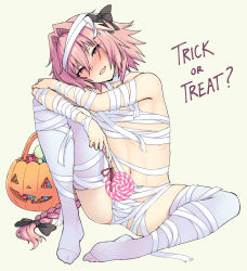 Rule 34 | 1boy, :d, astolfo (fate), bad id, bad pixiv id, bag, bandages, bare shoulders, black bow, blank eyes, blush, bow, braid, bulge, candy, fate (series), food, full body, hair bow, hair intakes, half-closed eyes, head tilt, highres, knee up, lollipop, long hair, looking at viewer, male focus, naked bandage, navel, no shoes, nose blush, open mouth, pas (paxiti), pink eyes, pink hair, simple background, single braid, sitting, smile, solo, spread legs, street fighter, thighhighs, trap, trick or treat, very long hair, white thighhighs, yellow background
