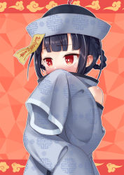 Rule 34 | 1girl, bare shoulders, black hair, blunt bangs, blush, braid, braided hair rings, bright pupils, chinese clothes, detached sleeves, hair rings, hand up, hat, jitomi monoe, long sleeves, nose blush, ofuda, outline, qingdai guanmao, red background, red eyes, short hair, sleeves past fingers, sleeves past wrists, solo, tenneko yuuri, unmoving pattern, upper body, virtual youtuber, voms, white outline, white pupils