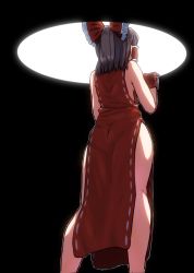 Rule 34 | archived source, ass, bad id, bad twitter id, bare arms, bare legs, black background, bow, brown hair, ceiling light, commentary request, dress, gloves, hakurei reimu, highres, holding, hole, mittens, ohasi, red bow, red dress, red gloves, red mittens, solo, touhou