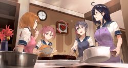 Rule 34 | 4girls, ahoge, akebono (kancolle), apron, bell, blue apron, blue hair, blue sailor collar, bowl, breasts, brown eyes, cake, clock, cooking, flower, food, from below, had (had314), hair bell, hair bobbles, hair flower, hair ornament, highres, indoors, kantai collection, licking, licking finger, long hair, multiple girls, oboro (kancolle), open mouth, orange apron, orange hair, pink apron, pink eyes, pink hair, purple apron, purple eyes, purple hair, sailor collar, sazanami (kancolle), school uniform, serafuku, short hair, short sleeves, short twintails, side ponytail, smile, strainer, twintails, ushio (kancolle), vase, wall clock