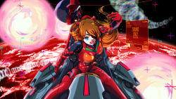 Rule 34 | 1girl, angry, blue eyes, bodysuit, breasts, brown hair, cockpit, commentary request, earth (planet), evangelion: 3.0 you can (not) redo, eyepatch, gloves, highres, ivuki, long hair, looking at viewer, neon genesis evangelion, open mouth, pilot suit, plugsuit, rebuild of evangelion, red bodysuit, sitting, solo, souryuu asuka langley, space