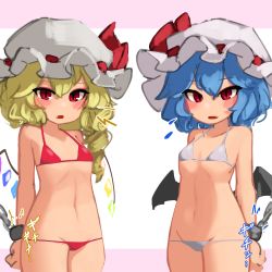 Rule 34 | 2girls, alternate costume, bat wings, bikini, blonde hair, blue hair, blush, breasts, chain, cowboy shot, cuffs, fang, flandre scarlet, groin, halterneck, handcuffs, hat, hat ribbon, highres, looking at viewer, mob cap, multiple girls, navel, open mouth, ponytail, red bikini, red eyes, remilia scarlet, ribbon, short hair, side ponytail, simple background, small breasts, sound effects, standing, swimsuit, touhou, white bikini, wings, zakozako y