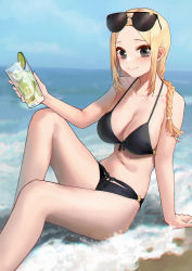 Rule 34 | 1girl, absurdres, bare arms, bare shoulders, beach, bikini, black bikini, black eyes, blonde hair, blue sky, braid, breasts, cleavage, closed mouth, commission, cup, day, drink, drinking glass, eyewear on head, feet out of frame, food, forehead, fruit, girls&#039; frontline, hair ornament, highres, holding, holding cup, horizon, ice, ice cube, kir (khw66136132), knees up, large breasts, lime (fruit), lime slice, long hair, looking at viewer, navel, ocean, outdoors, pixiv commission, serdyukov (crow lifeguard) (girls&#039; frontline), serdyukov (girls&#039; frontline), single braid, sitting, sky, smile, solo, star (symbol), star hair ornament, sunglasses, swimsuit, thighs, water