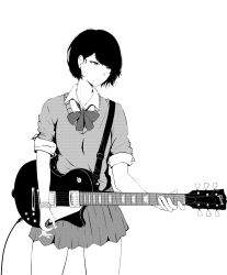 Rule 34 | 1girl, absurdres, bow, cardigan, collared shirt, deroo, dress shirt, ear piercing, earrings, electric guitar, gibson, gibson les paul, greyscale, guitar, highres, instrument, jewelry, long sleeves, looking down, miniskirt, monochrome, music, original, piercing, playing instrument, pleated skirt, plectrum, school uniform, shirt, short hair, simple background, skirt, sleeves rolled up, solo, stud earrings, swept bangs, white background, wristband