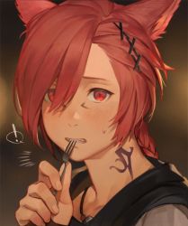 Rule 34 | !, 1boy, animal ears, blush, braid, cat ears, fangs, ffxivys, final fantasy, final fantasy xiv, fork, g&#039;raha tia, hair ornament, hair over one eye, hand up, holding, holding fork, jewelry, looking at viewer, male focus, miqo&#039;te, neck tattoo, necklace, portrait, red eyes, red hair, single braid, solo, swept bangs, tattoo, utensil in mouth, x hair ornament