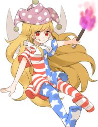 Rule 34 | 1girl, :q, american flag dress, american flag legwear, bad id, bad pixiv id, blonde hair, clownpiece, collar, fairy wings, frilled collar, frilled shirt collar, frills, hat, jester cap, long hair, misha (hoongju), pantyhose, polka dot, red eyes, short sleeves, smile, solo, star (symbol), striped, tongue, tongue out, torch, touhou, transparent background, very long hair, wings