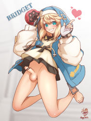 Rule 34 | 1boy, bar censor, barefoot, black skirt, blonde hair, blue eyes, blush, bridget (guilty gear), censored, character name, daisy mitsumata, erection, fingerless gloves, foreskin, full body, gloves, grin, guilty gear, guilty gear strive, habit, hair between eyes, heart, highres, hood, hoodie, long sleeves, looking at viewer, male focus, open clothes, open hoodie, penis, phimosis, skirt, smile, solo, testicles, trap, yo-yo