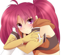 Rule 34 | 1girl, blush, boots, breasts, elbow gloves, gloves, long hair, midriff, nanaly fletch, purple eyes, red hair, tales of (series), tales of destiny 2, thigh boots, thighhighs, twintails