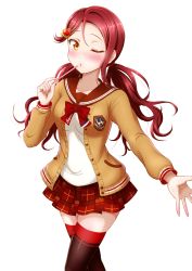 Rule 34 | 1girl, absurdres, black thighhighs, blush, bow, bowtie, brown cardigan, brown skirt, cardigan, ckst, collarbone, cowboy shot, floating hair, hair between eyes, hair ornament, heart, heart hair ornament, highres, holding, long hair, looking at viewer, love live!, love live! school idol festival, love live! sunshine!!, miniskirt, one eye closed, open cardigan, open clothes, outstretched arm, pleated skirt, red bow, red hair, sakurauchi riko, school uniform, shirt, skirt, solo, standing, thighhighs, transparent background, twintails, very long hair, white shirt, yellow eyes, zettai ryouiki