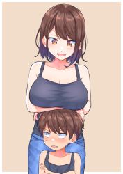 Rule 34 | :d, absurdres, bandaid, bandaid on cheek, bandaid on face, bare arms, bare shoulders, black camisole, blue pants, blush, breasts, brother and sister, brown background, brown eyes, brown hair, camisole, cleavage, commentary request, crossed arms, denim, fang, highres, jeans, large breasts, open mouth, original, pants, siblings, simple background, smile, yuki arare