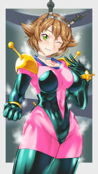 Rule 34 | 1girl, absurdres, black gloves, black thighhighs, bodysuit, breasts, brown hair, commentary request, commission, cosplay, cowboy shot, elbow gloves, g gundam, gloves, green eyes, grin, gundam, hairband, headgear, highres, kaga kasama, kantai collection, large breasts, looking at viewer, mobile trace suit, mutsu (kancolle), rain mikamura, rain mikamura (cosplay), short hair, skeb commission, skin tight, smile, solo, thighhighs