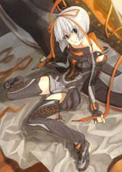 Rule 34 | bare shoulders, black thighhighs, boots, fingerless gloves, gloves, grey eyes, highres, impossible clothes, laces, legs, lips, long hair, mini person, minigirl, original, personification, shimotsuki eight, shoes, short hair, sneakers, solo, thighhighs, white hair