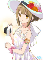 Rule 34 | :d, armlet, artist name, bare shoulders, blue hat, blunt bangs, blush, bow, brown hair, camera, collarbone, commentary request, dated, dress, flower, gradient background, hat, hat flower, holding, holding camera, large bow, looking at viewer, multicolored clothes, multicolored dress, ootani nyuu, open mouth, orange flower, orange rose, original, pink bow, ragho no erika, red flower, red rose, ribbon, rose, short hair, sidelocks, sleeveless, sleeveless dress, smile, solo, sukurizo!, sun hat, sundress, tareme, upper body, white bow, wrist ribbon