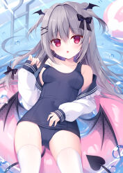 Rule 34 | 1girl, ball, bare shoulders, beachball, black bow, black sailor collar, blue one-piece swimsuit, bow, breasts, collarbone, commentary request, demon girl, demon tail, demon wings, fang, grey hair, hair between eyes, hair bow, hair intakes, hasune, head wings, highres, innertube, long hair, long sleeves, looking at viewer, low wings, off shoulder, old school swimsuit, one-piece swimsuit, open clothes, open mouth, open shirt, original, pink wings, pool, pool ladder, puffy long sleeves, puffy sleeves, red eyes, sailor collar, school swimsuit, school uniform, serafuku, shirt, sleeves past wrists, small breasts, strap slip, swim ring, swimsuit, swimsuit under clothes, tail, thighhighs, two side up, very long hair, water, white shirt, white thighhighs, wings