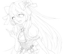 Rule 34 | 1girl, chaos marie (grimms notes), cleavage cutout, clothing cutout, grimms notes, hair ribbon, heart, heart-shaped pupils, highres, jewelry, lineart, long hair, megane namako, monochrome, open mouth, pendant, puffy short sleeves, puffy sleeves, ribbon, short sleeves, simple background, smile, solo, symbol-shaped pupils, teeth, unfinished, upper teeth only, white background, wings