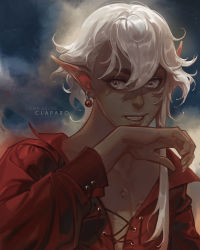Rule 34 | 1boy, claparo, commentary, commission, dark-skinned male, dark elf, dark skin, earrings, elf, english commentary, grin, hair between eyes, jewelry, long sleeves, male focus, mole, mole under mouth, original, pointy ears, red shirt, shirt, short hair with long locks, simple background, smile, solo, white background, white eyes