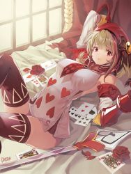 Rule 34 | 1girl, ace (playing card), ace of diamonds, ace of spades, arched back, armor, artist name, bed, black thighhighs, blush, breasts, brown hair, card, commission, damda, diamond (shape), flower, jack (playing card), jack of diamonds, king (playing card), king of diamonds, large breasts, looking at viewer, lying, monster girl encyclopedia, on back, parted lips, playing card, queen (playing card), queen of hearts (playing card), red eyes, red flower, red rose, rose, short hair, solo, spade (shape), sword, thighhighs, trumpart (monster girl encyclopedia), weapon