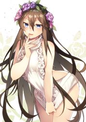 Rule 34 | &gt;:d, 10s, 1girl, :d, alternate costume, backless outfit, bad arm, bad id, bad pixiv id, bare shoulders, blue eyes, blush, body blush, breasts, brown hair, clothes pull, cowboy shot, finger to mouth, floral background, flower, granblue fantasy, hair between eyes, hair flower, hair ornament, hairband, large breasts, leaning forward, long hair, looking at viewer, meme attire, naked sweater, open mouth, pulled by self, purple flower, purple rose, ribbed sweater, rose, rosetta (granblue fantasy), shiny skin, shiyun, sideboob, sleeveless, smile, solo, standing, sweater, sweater pull, thighs, tsurime, turtleneck, turtleneck sweater, v-shaped eyebrows, very long hair, virgin killer sweater, white sweater