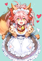 Rule 34 | 1girl, :d, animal ears, animal hands, apron, aqua background, blush, cake, fate/grand order, fate (series), food, fox ears, fox tail, from above, gloves, happy, heart, long hair, looking at viewer, maid, maid headdress, majiang, open mouth, paw gloves, pink hair, simple background, smile, solo, tail, tamamo (fate), tamamo cat (fate), tamamo cat (second ascension) (fate), yellow eyes