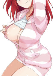 Rule 34 | 1girl, breasts, cleavage, clothes lift, dolphin wave, head out of frame, highres, jacket, large breasts, long hair, morisobo, nipples, no bra, one breast out, pink jacket, pink stripes, red hair, sakimiya iruka, shirt, shirt lift, simple background, smile, solo, striped clothes, striped jacket, white background, white shirt