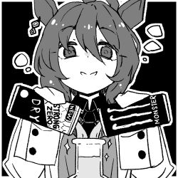 Rule 34 | 1girl, agnes tachyon (umamusume), ahoge, animal ears, can, collared shirt, earrings, erlenmeyer flask, flask, greyscale, hair between eyes, highres, holding, holding can, horse ears, jewelry, kodachi (kuroyuri shoukougun), lab coat, long hair, looking at viewer, monochrome, monster energy, shirt, single earring, sleeves past fingers, sleeves past wrists, smile, solo, sparkle, strong zero, umamusume, upper body