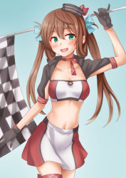 Rule 34 | 1girl, anti (untea9), asagumo (kancolle), bandeau, black gloves, blush, brown hair, checkered flag, collarbone, cowboy shot, flag, gloves, green eyes, hair between eyes, highres, holding, holding flag, kantai collection, long hair, navel, open mouth, race queen, red skirt, skirt, smile, solo, twintails, white bandeau, white skirt