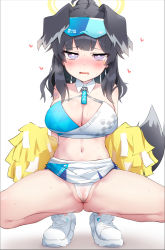 Rule 34 | 1girl, absurdres, animal ears, bare shoulders, black hair, blue archive, blush, breasts, cheerleader, cleavage, cleft of venus, crop top, dog ears, dog girl, dog tail, gluteal fold, halo, heart, hibiki (blue archive), hibiki (cheer squad) (blue archive), highres, jewelry, long hair, looking at viewer, midriff, millennium cheerleader outfit (blue archive), miniskirt, navel, okura-chan (at nya5), open mouth, panties, partially visible vulva, pom pom (cheerleading), see-through, skirt, solo, spread legs, squatting, sweat, symbol-shaped pupils, tail, thighs, underwear, visor cap, white footwear, white panties