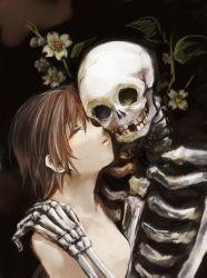 Rule 34 | 1girl, bone, brown hair, closed eyes, flower, komota (mikebukuro), original, short hair, skeleton, skull