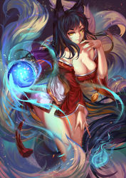 Rule 34 | 1girl, ahri (league of legends), animal ears, aurora rokudo, bare legs, bare shoulders, black hair, breasts, cleavage, collarbone, detached sleeves, facial mark, fox ears, fox tail, glowing, highres, korean clothes, large breasts, league of legends, light smile, long hair, long sleeves, low neckline, magic, multiple tails, off shoulder, orb, parted lips, solo, standing, tail, very long hair, whisker markings, yellow eyes