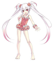 Rule 34 | :d, albino, alternate costume, barefoot, bracelet, casual one-piece swimsuit, child, cross edge, eruma, feet, flat chest, flower, frilled swimsuit, frills, gradient hair, hair flower, hair ornament, hand on own hip, bad tag, jewelry, legs, long hair, multicolored hair, official art, one-piece swimsuit, open mouth, pale skin, pink eyes, pink hair, polka dot, polka dot swimsuit, red eyes, simple background, smile, solo, standing, swimsuit, tsunako, twintails, very long hair, white hair
