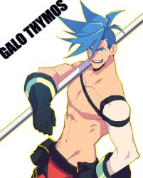 Rule 34 | blue eyes, blue hair, character name, die (f mega), galo thymos, gloves, hand on own hip, male focus, open mouth, pants, pectorals, polearm, promare, smile, spiked hair, topless male, weapon, white background