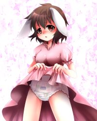 Rule 34 | 1girl, animal ears, bad id, bad pixiv id, blush, brown hair, clothes lift, diaper, dress, dress lift, inaba tewi, kazusa919329, open mouth, rabbit ears, short hair, solo, touhou