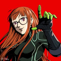Rule 34 | 1girl, :d, artist name, black-framed eyewear, bodysuit, breasts, brown hair, glasses, hayatetsujimoto, highres, long hair, open mouth, persona, persona 5, purple eyes, red background, sakura futaba, simple background, small breasts, smile, solo, straight hair, upper body, very long hair