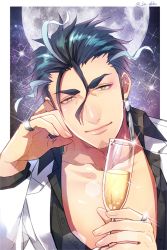 Rule 34 | alcohol, bara, black shirt, blue hair, blush, border, champagne, champagne flute, collared shirt, cup, dark blue hair, drinking glass, earrings, facial hair, formal, goatee, hair between eyes, hair strand, jewelry, jin akhr, large pectorals, long sideburns, male focus, moon, multicolored hair, muscular, muscular male, outside border, partially unbuttoned, pectoral cleavage, pectorals, ring, shirt, short hair, sideburns, sky, smile, star (sky), starry sky, stubble, suit, tokyo houkago summoners, tsukuyomi (housamo), two-tone hair, white border, white suit