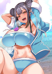 Rule 34 | 1girl, :d, aoi manabu, armpits, bandeau, between breasts, bikini, black hair, blue bikini, blue jacket, breasts, brown eyes, cleavage, condom, condom wrapper, cover, cover page, double bun, gluteal fold, hair bun, hair ribbon, jacket, large breasts, looking at viewer, navel, nue no onmyouji, ocean, open clothes, open jacket, open mouth, ribbon, sharp teeth, short sleeves, sidelocks, sky, smile, solo, sweat, swimsuit, teeth, textless version, tsujita (nue no onmyouji), water, white ribbon