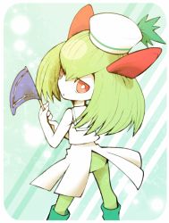 Rule 34 | alternate hairstyle, boots, clothed pokemon, creatures (company), flag, from behind, game freak, gen 3 pokemon, green footwear, green hair, hat, holding, kirlia, looking back, minashirazu, nintendo, pokemon, pokemon (creature), red eyes, sailor collar, solo, striped, striped background