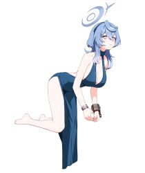 Rule 34 | 1girl, ako (blue archive), ako (dress) (blue archive), artpatient, bare legs, barefoot, black hairband, blue archive, blue dress, blue eyes, blue hair, blue halo, bracelet, breasts, cleavage, closed mouth, commentary, dress, full body, hair between eyes, hairband, halo, highres, jewelry, kneeling, medium breasts, medium hair, official alternate costume, simple background, single handcuff, smile, solo, thighs, toes, white background