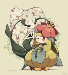 Rule 34 | a-nya, black eyes, blush, bright pupils, commentary, creatures (company), crown, florges, florges (white flower), flower, game freak, gen 5 pokemon, gen 6 pokemon, green background, hand up, highres, lilligant, nintendo, no humans, one eye closed, plant, pokemon, pokemon (creature), red eyes, standing, symbol-only commentary, twitter username, vines, white pupils