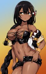 Rule 34 | 1girl, areola slip, azur lane, bare shoulders, black hair, blush, braid, breasts, brown eyes, cleavage, colorized, crop top, dark-skinned female, dark skin, feather hair ornament, gradient background, hair between eyes, hair ornament, hori (hori no su), large breasts, long hair, native american, navel, satansoft1, self-upload, short shorts, shorts, simple background, solo, south dakota (azur lane), stomach, very long hair, white background