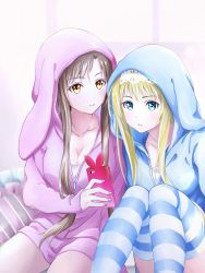 Rule 34 | 2girls, absurdres, alice zuberg, animal ears, animal hood, asuna (sao), bad id, bad pixiv id, blonde hair, blue eyes, bottomless, breasts, brown hair, cardigan, cellphone, closed mouth, collarbone, fake animal ears, hairband, highres, holding, holding phone, hood, hooded cardigan, long hair, medium breasts, multiple girls, open cardigan, open clothes, partially unzipped, phone, pink cardigan, rabbit ears, rabbit hood, shiki kayanotani, shirt, sidelocks, sitting, smartphone, striped clothes, striped legwear, striped thighhighs, sword art online, thighhighs, very long hair, white background, white hairband, white shirt, yellow eyes