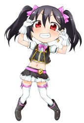 Rule 34 | 1girl, akitsuki itsuki, black footwear, black hair, black skirt, black vest, blush, bow, bowtie, collared shirt, double m/, earrings, full body, gloves, grin, hair bow, jewelry, looking at viewer, love live!, m/, midriff, miniskirt, navel, pink bow, pink bowtie, puffy short sleeves, puffy sleeves, red eyes, shirt, shoes, short sleeves, simple background, skirt, smile, solo, thighhighs, twintails, vest, white background, white gloves, white shirt, white thighhighs, wing collar, yazawa nico, zettai ryouiki