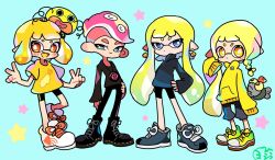 Rule 34 | 1boy, 3girls, :3, :d, agent 3 (splatoon), agent 3 (splatoon 3), agent 4 (splatoon), agent 8 (splatoon), bike shorts, black footwear, black pants, black shirt, blue background, blue eyes, blue footwear, blue jacket, boots, bright pupils, commentary, cross-laced footwear, dangle earrings, double v, earrings, eyebrow cut, fang, full body, hand on own hip, highres, inkling, inkling girl, inkling player character, jacket, jewelry, long hair, medium hair, mohawk, multiple girls, necklace, nintendo, octoling, octoling boy, octoling player character, open mouth, orange eyes, orange hair, pants, pink hair, pointy ears, print shirt, shirt, shoes, short hair, simple background, sleeves past fingers, sleeves past wrists, smallfry (splatoon), smile, splatoon (series), splatoon 2, splatoon 2: octo expansion, splatoon 3, standing, symbol-only commentary, tentacle hair, thick eyebrows, v, white footwear, white pupils, yellow jacket, yellow shirt, yoshishi (yosisitoho), zapfish