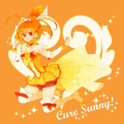 Rule 34 | 10s, 1girl, bike shorts, bike shorts under skirt, boots, bow, bowtie, brooch, choker, cure sunny, dress, full body, hair bun, high heels, hino akane (smile precure!), jewelry, magical girl, orange background, orange dress, orange hair, orange skirt, orange theme, precure, red bow, red bowtie, red eyes, red shorts, roseria, shoes, short hair, shorts, shorts under skirt, single hair bun, skirt, smile, smile precure!, solo, thigh boots, thighhighs, white thighhighs