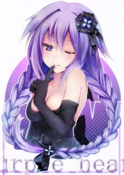 Rule 34 | 10s, 1girl, braid, breasts, cleavage, elbow gloves, female focus, finger to mouth, gloves, hair ornament, long hair, md5 mismatch, medium breasts, neptune (neptunia), neptune (series), one eye closed, purple eyes, purple hair, purple heart (neptunia), purple heart (goddesses&#039; promise), solo, suishin tenra, suitenjh, symbol-shaped pupils, twin braids