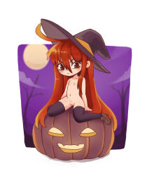 Rule 34 | 1girl, ahoge, arm support, black hat, black thighhighs, breasts, brown footwear, cleft of venus, collarbone, female focus, full body, full moon, hair between eyes, hat, highres, jack-o&#039;-lantern, loafers, long hair, moon, nipples, nude, pussy, qtkat, red hair, shakugan no shana, shana, shoes, sidelocks, sitting, small breasts, solo, thighhighs, thighs, uncensored, very long hair, wariza, witch hat