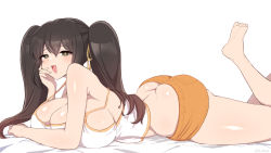 Rule 34 | 1girl, ass, bare shoulders, blush, breast rest, breasts, bright pupils, brown hair, butt crack, choujiroo, cleavage, green eyes, huge breasts, long hair, looking at viewer, lying, omori minori, on stomach, original, short shorts, shorts, smile, smug, solo, twintails, twitter username, white background