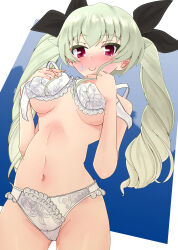 Rule 34 | 1girl, absurdres, anchovy (girls und panzer), black ribbon, blue background, blush, bra, breasts, closed mouth, commentary, commission, covering privates, covering breasts, cowboy shot, crotch seam, drill hair, girls und panzer, green hair, hair ribbon, highres, long hair, looking at viewer, makura ken, medium breasts, navel, open bra, panties, pixiv commission, red eyes, ribbon, smile, solo, standing, sweatdrop, textless version, twin drills, underwear, underwear only, wavy mouth, white bra, white panties