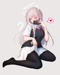Rule 34 | 1girl, absurdres, animal ears, black pantyhose, black vest, blue eyes, blue nails, blush, braid, cellphone, clothes lift, fake animal ears, fake halo, fake tail, halo, heart, highres, holding, holding phone, lifted by self, long hair, multicolored nails, nail polish, neck ribbon, one eye closed, original, pantyhose, phone, pink ribbon, pleated skirt, red nails, ribbon, selfie, shimmer, shirt, silver hair, single braid, sitting, skirt, skirt lift, solo, spoken heart, tail, vest, white shirt, white skirt, yokozuwari